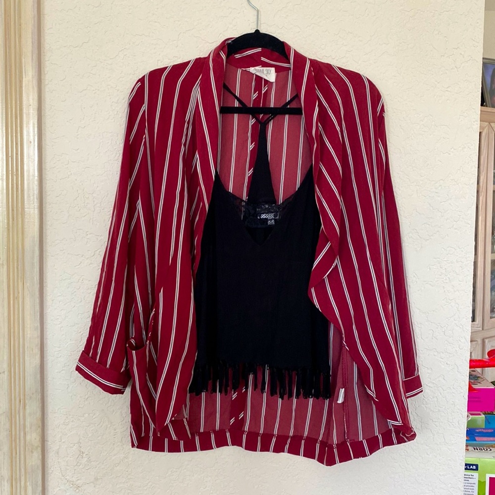 Cute Maroon striped shawl collar layered detail top